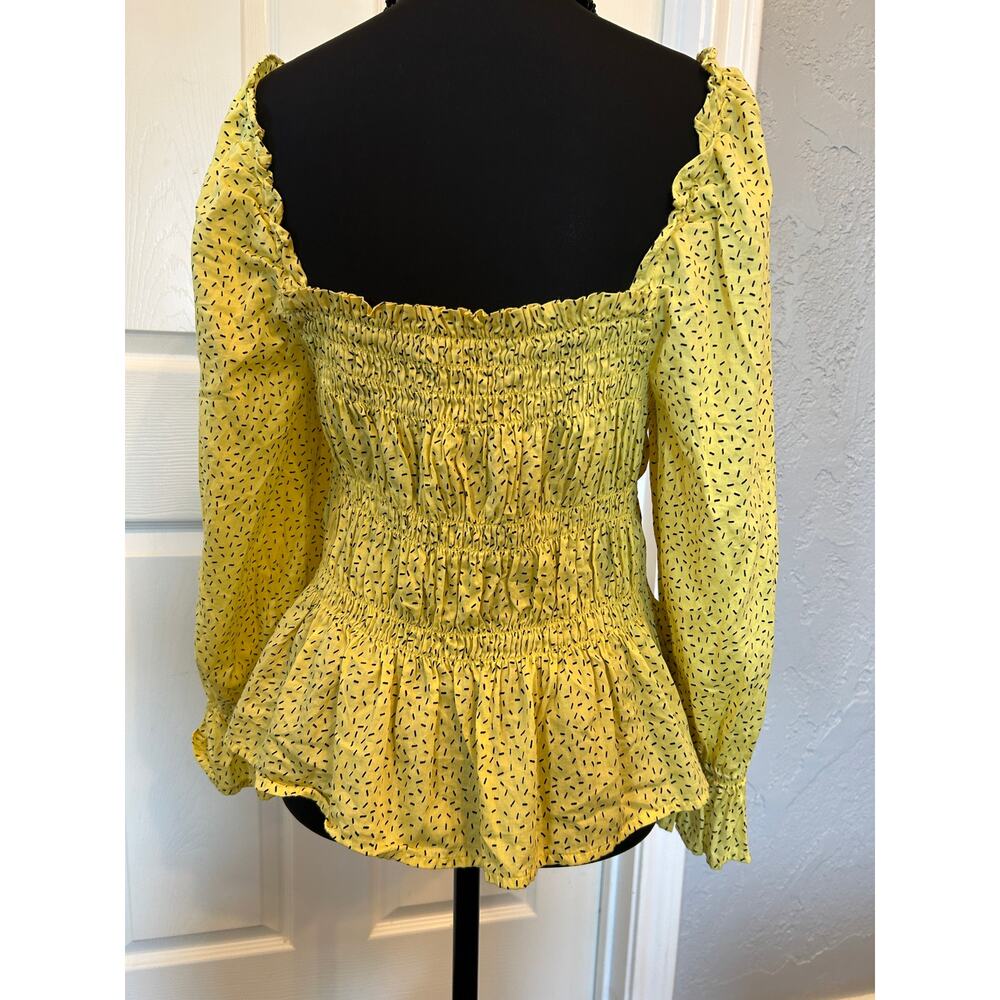 Who What Wear Womens Large L Yellow Ditsy Smocked Peplum Blouse Square Neck Boho - Picture 5 of 12